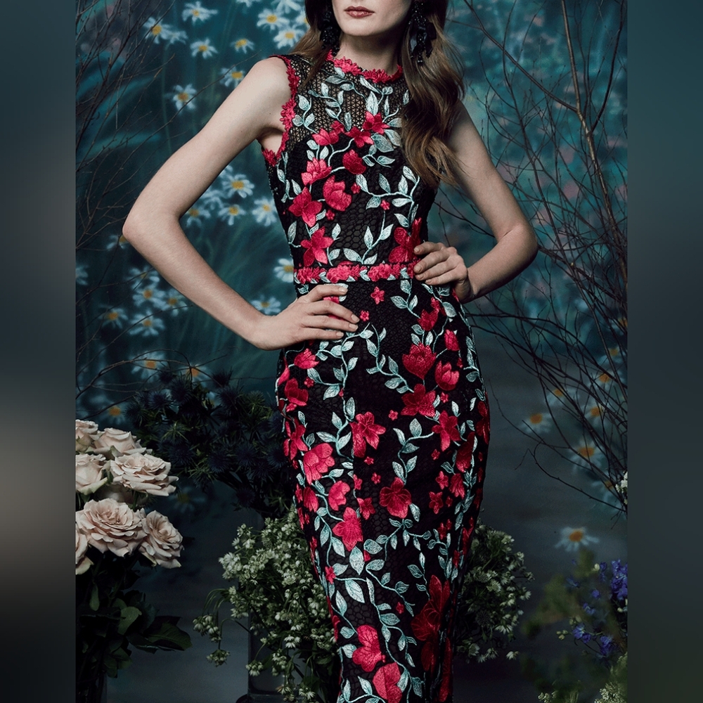 Marchesa Black Lace Midi Dress with Red Floral Embroidery